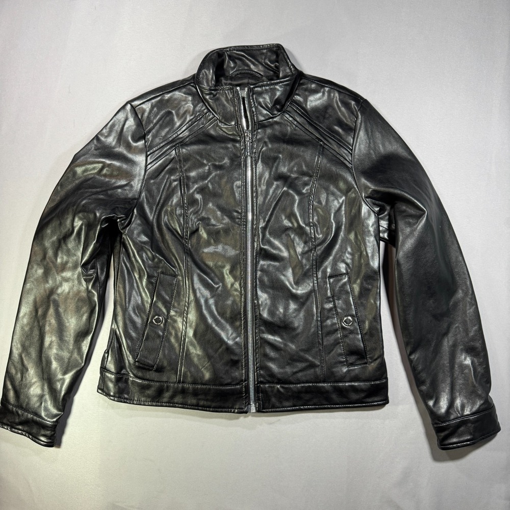 Vince Camuto Womens Faux Leather Moto Jacket Black Mock Neck Size S Full Zip